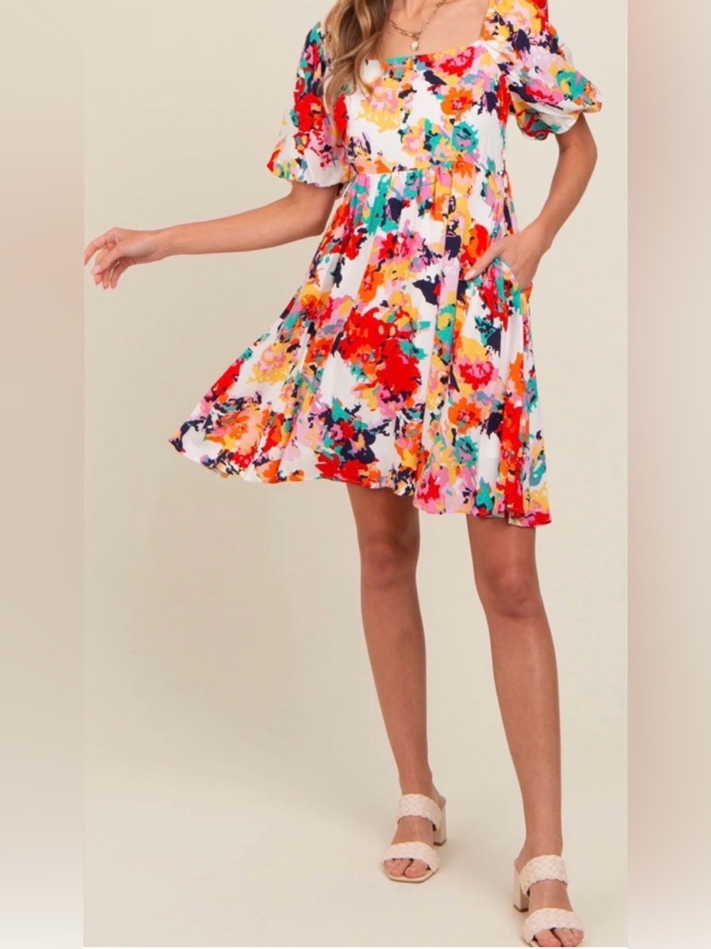 ✨🧡Bright Floral Square-Neck Mini Dress Designed by andthewhy - Picture 3 of 6